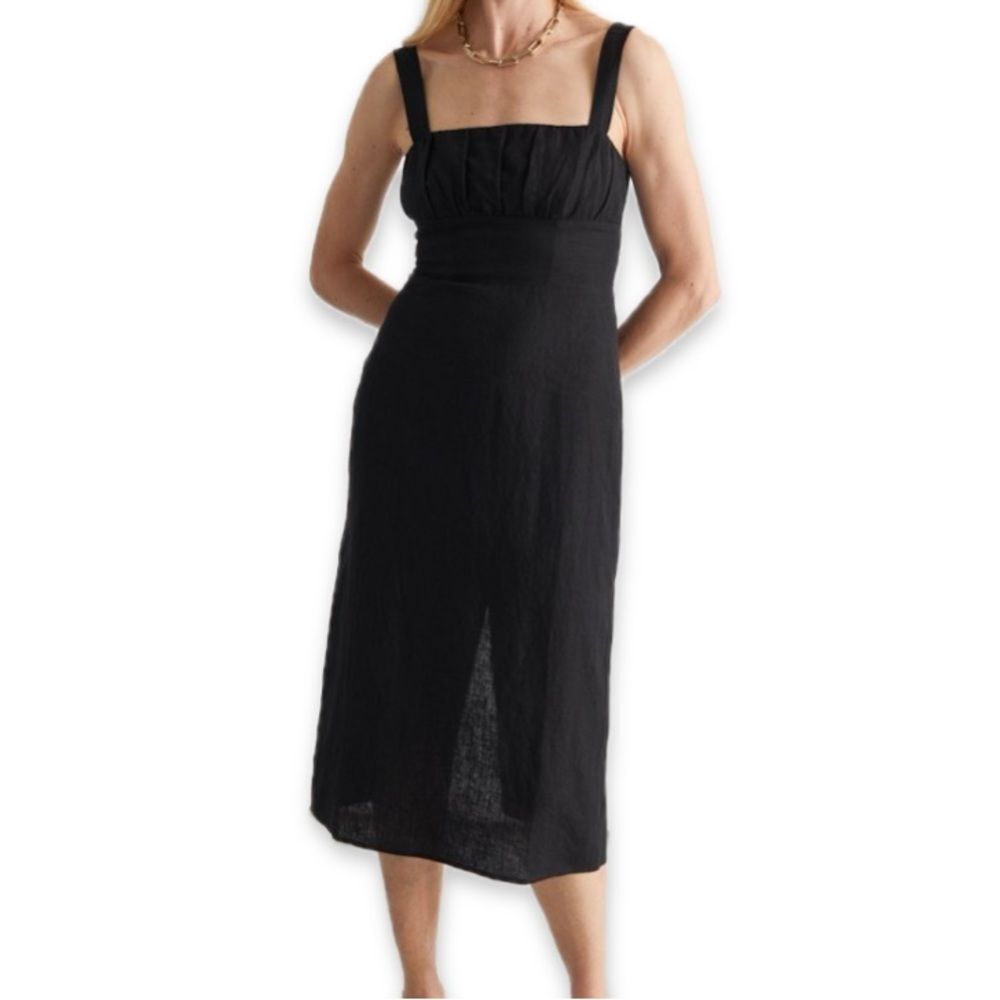 & Other Stories | Strappy Ruched-Bust Linen Midi Dress | Black | Size 0
